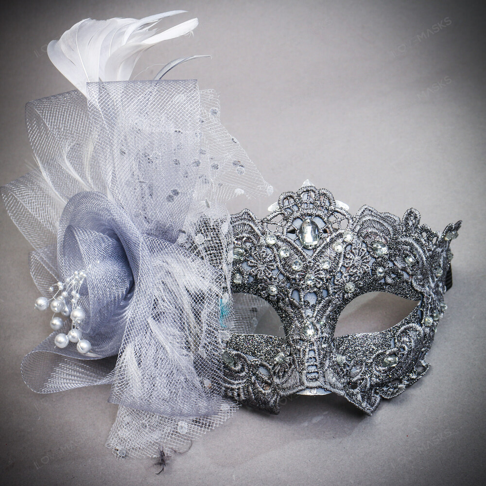 Flower Feather Mask Venetian Mardi Gras Masquerade - Silver - Picture 1 of 5